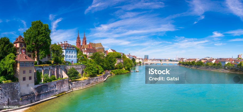 The Old Town of Basel with red stone Munster cathedral and the Rhine river, Switzerland. Basel - Switzerland Stock Photo