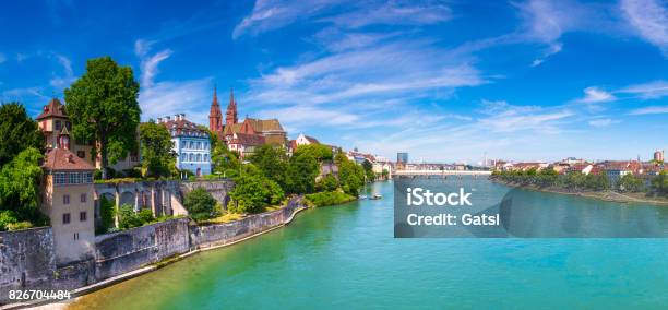 The Old Town Of Basel With Red Stone Munster Cathedral And The Rhine River Switzerland Stock Photo - Download Image Now