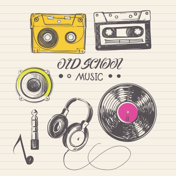 Old-Music Clip-art Doodle Doodle drawings of audio cassettes, vinyl records, headphones and retro music accessories. audio cassette illustrations stock illustrations