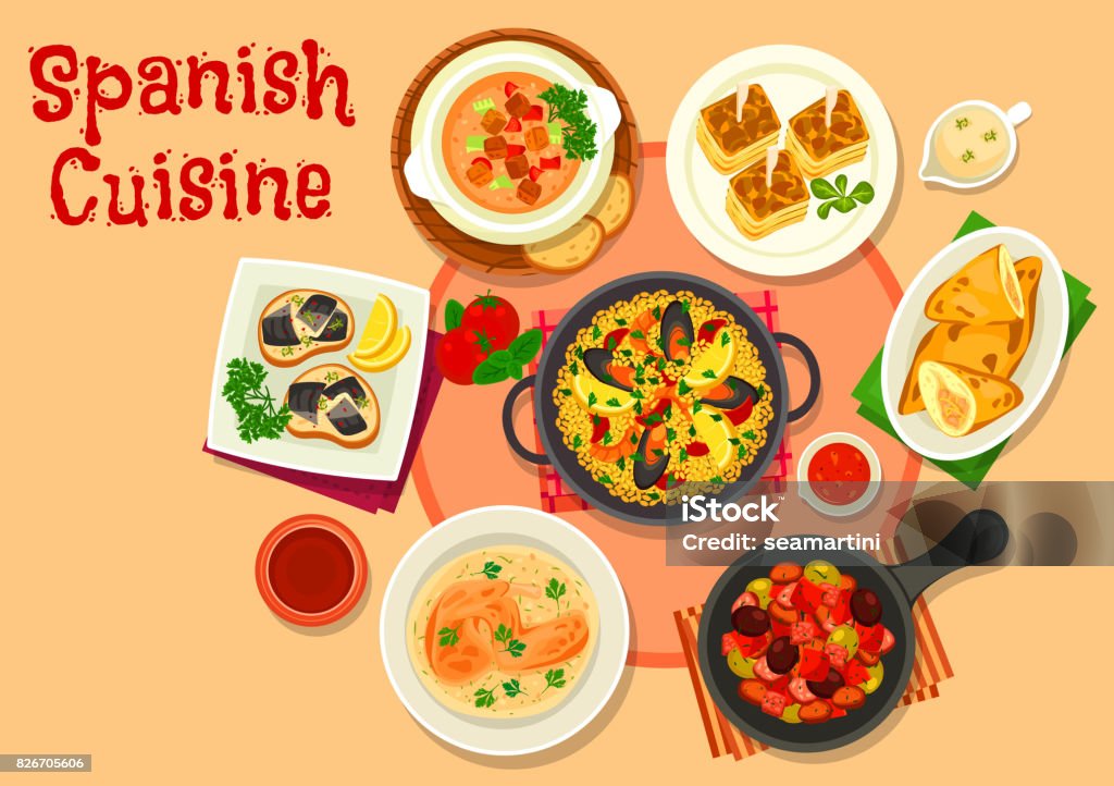Spanische Küche gesundes Abendessen Gerichte Symbol - Lizenzfrei Spanische Küche Vektorgrafik