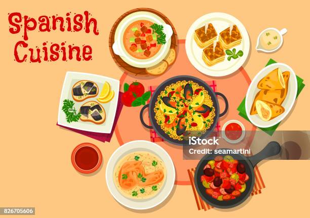 Spanische Küche Gesundes Abendessen Gerichte Symbol Stock Vektor Art und mehr Bilder von Spanische Küche