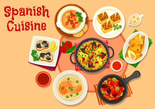 ilustraciones, imágenes clip art, dibujos animados e iconos de stock de icono de platos de cocina española cena saludable - spanish cuisine