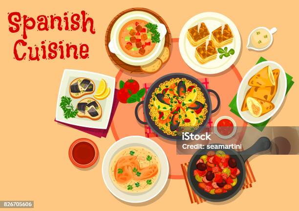 Spanish Cuisine Healthy Dinner Dishes Icon Stock Illustration - Download Image Now - Spanish Food, Paella, Food