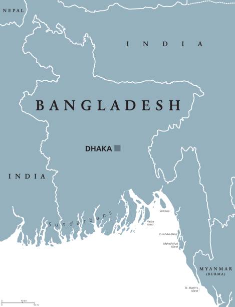 Bangladesh political map Bangladesh political map with capital Dhaka and borders. English labeling. Peoples Republic of Bangladesh. Country in South Asia on the Bay of Bengal. Gray illustration. Vector. bay of bengal stock illustrations