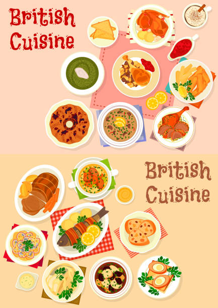 ilustrações de stock, clip art, desenhos animados e ícones de british cuisine icon set for restaurant design - yorkshire pudding