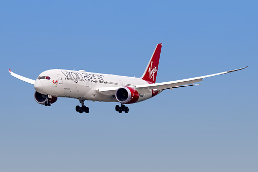 Shanghai, China - May 30, 2017: A Boeing 787-9 Dreamliner operated by British airline Virgin Atlantic Airways approaches Shanghai Pudong airport for landing.
