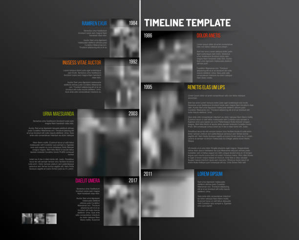 Infographic Timeline Template with big photos Vector Infographic Company Milestones Timeline Template with big rectangle photo placeholders and shadow effects - vertical dark version animal representation photos stock illustrations