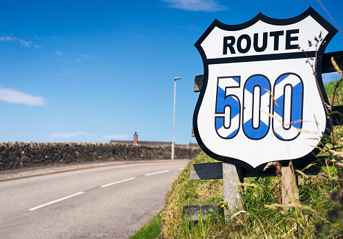 A sign near Thurso on Scotland's North Coast 500 route, a well known scenic drive around the coastline of the far north of Scotland.