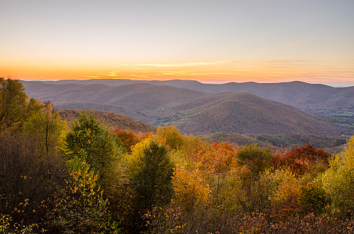Rolling hills covered in autumn  treetops during a vibrant sunset in the Smokey Mountain national park in Tennessee.