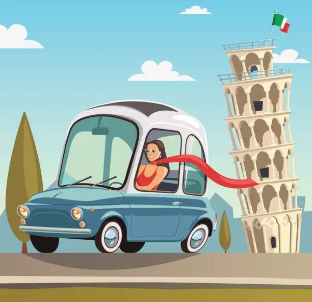 Vector illustration of A woman drives a little blue car next to the leaning tower in Pisa