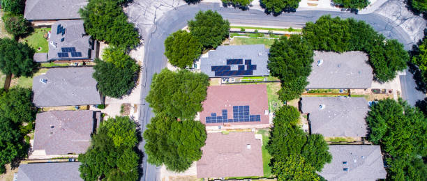 istock Aerial Drone View of solar panels on rooftops  above Suburb Austin , Texas 826725326
