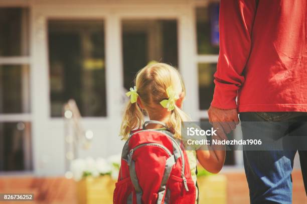 Father And Little Daughter Go To School Or Daycare Stock Photo - Download Image Now - Education, Child, Child Care