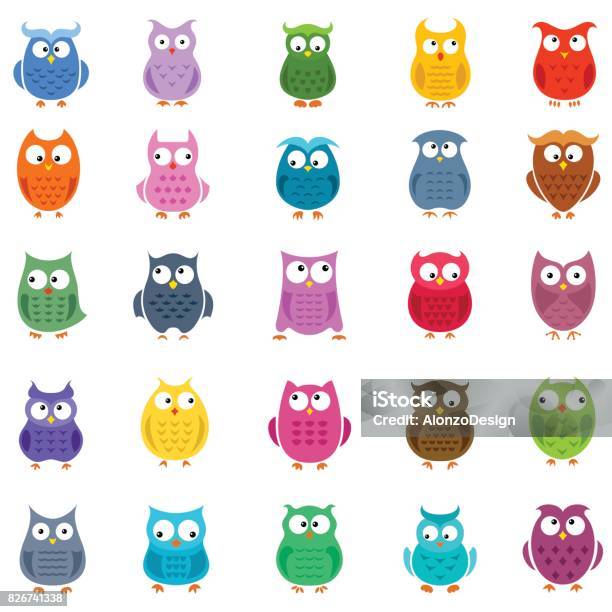 Cartoon Owl Icons Stock Illustration - Download Image Now - Owl, Characters, Group Of Objects