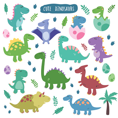 Funny smiling dinosaurs, footprins, eggs, baby, palm. Cartoon characters.  Design elements