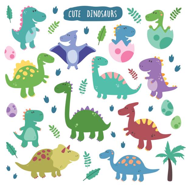 Cute vector set with dinosaurs. Funny smiling dinosaurs, footprins, eggs, baby, palm. Cartoon characters.  Design elements ornithischia stock illustrations