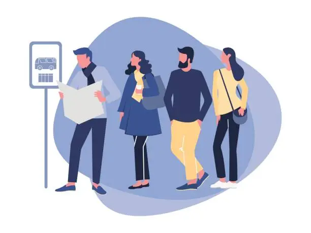 Vector illustration of Group of diverse people waiting for the bus while standing at the bus stop in the morning. Vector illustration