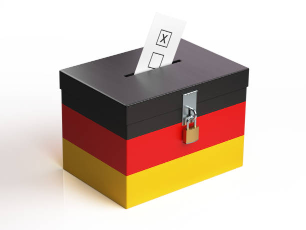 Ballot Box Textured with German Flag Ballot box textured with German flag. Isolated on white background. A vote envelope is entering into the ballot box. Horizontal composition with copy space. Great use for referendum and 2017 presidential elections related concepts. Clipping path is included. german federal elections photos stock pictures, royalty-free photos & images