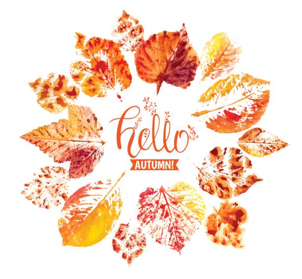 Autumn season banner. Greeting card with inscription Hello, Autumn and hand drawn watercolor fall leaves. Modern design poster with watercolor colorful imprints foliage of yellow, orange and red color watercolor thanksgiving stock illustrations