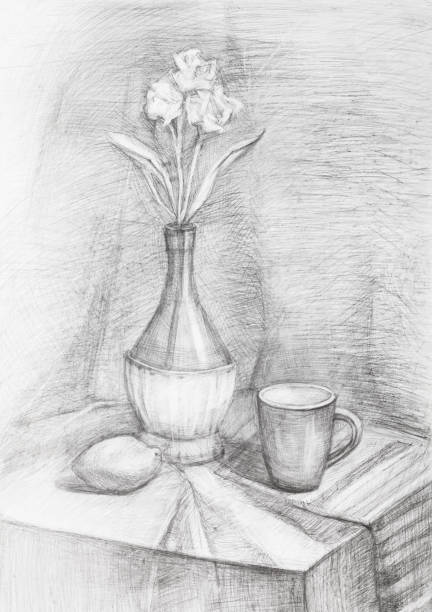 черно-белый на месте с цветами в бутылке - drawing sketch artist charcoal drawing stock illustrations