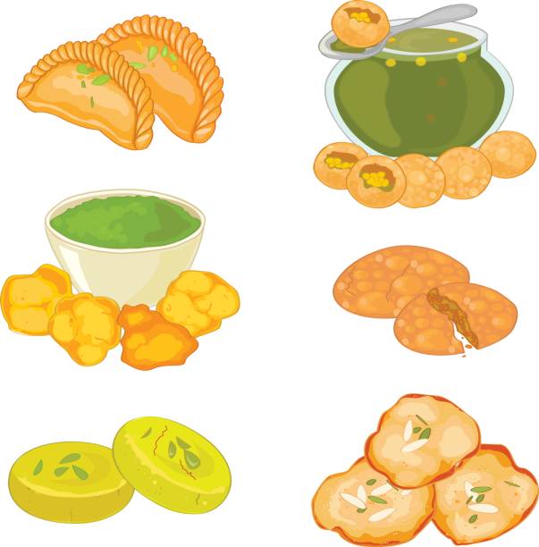 ilustraciones, imágenes clip art, dibujos animados e iconos de stock de set de 4 platos de comida popular de la india. - gujia