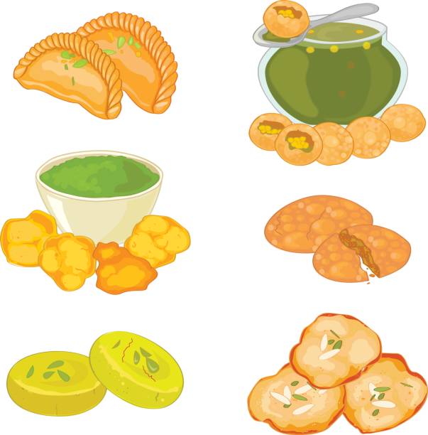 Set of 4 popular indian food dishes. Set of 4 popular indian festival dishes for your design panipuri stock illustrations