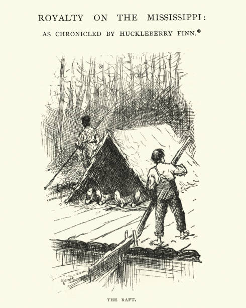 abenteuer des huckleberry finn, lizenzgebühren auf dem mississippi, das floß - mississippi river stock-grafiken, -clipart, -cartoons und -symbole