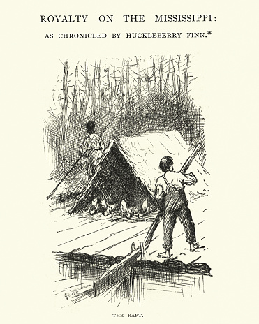 Vintage engraving of a scene from the Adventures of Huckleberry Finn, by Mark Twain. Royalty on the Mississippi, The Raft