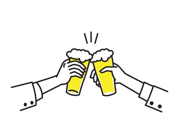 Cheers with beer Two businessman's hand holding glasses of beer, to celebrate in concept of happy, special occasion, weekend, cheerful party, success. Outline, linear, hand drawing style. Simple design. honor illustrations stock illustrations
