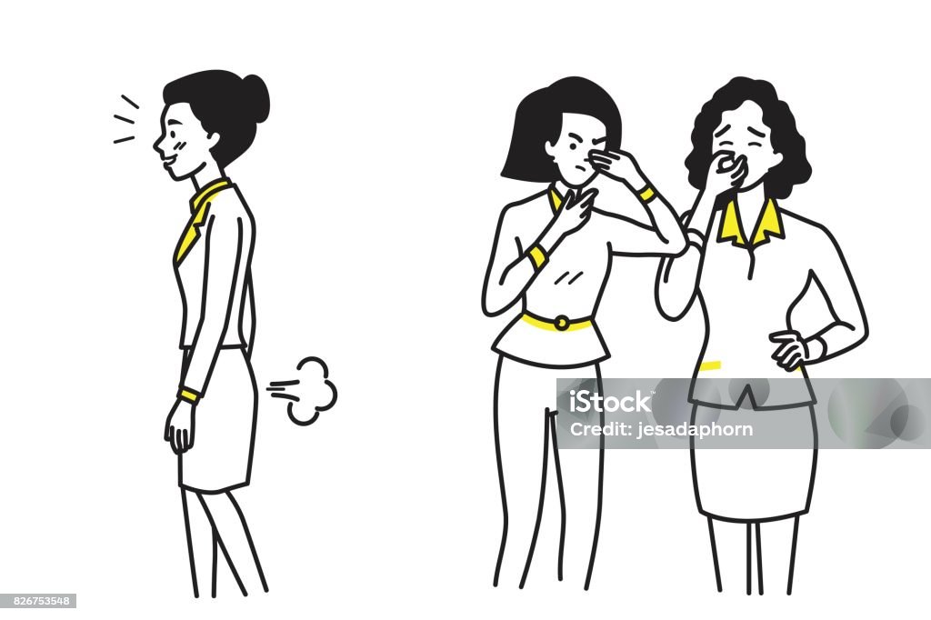 Business woman farting Business woman farting make a bad smell and stinks, while her colleague, friends, coworker, looking at her and covering their nose. Funny cartoon illustration, outline hand draw sketching style. Fart stock vector