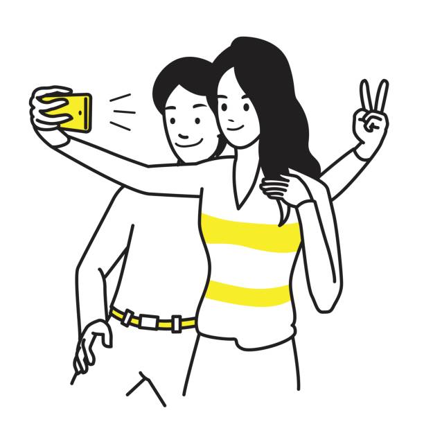 selfie 一緒に愛好家 - men drawing cheerful friendship点のイラスト素材／クリップアート素材／マンガ素材／アイコン素材