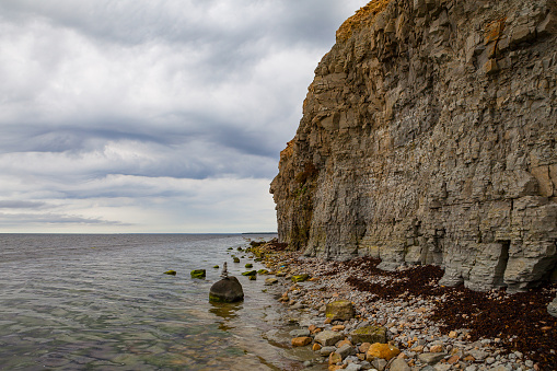 Beautiful rocky sea shore. Baltic limestone cliff.