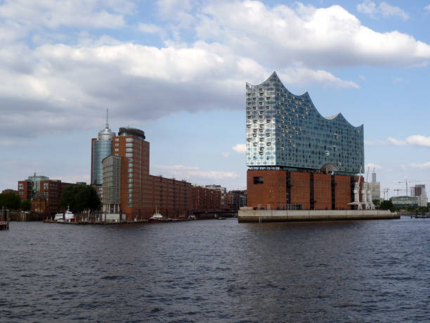Panoramic view of the modern Elbe Philharmonic Concert Hall on the right and part of the Speicherstadt on the left in the port of Hamburg, Germany