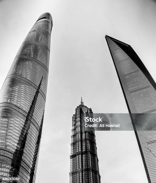 Skyscrapers In Shanghai Stock Photo - Download Image Now - 2000s Style, Architecture, Black And White