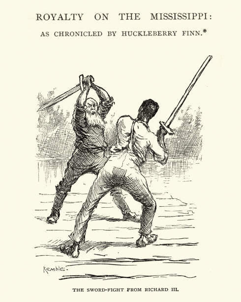 illustrazioni stock, clip art, cartoni animati e icone di tendenza di adventures of huckleberry finn, combattimento con la spada di riccardo iii - huckleberry finn