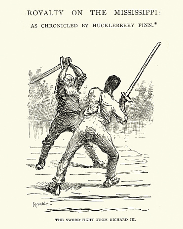 Vintage engraving of a scene from the Adventures of Huckleberry Finn, by Mark Twain. Royalty on the Mississippi, the sword fight from Richard III