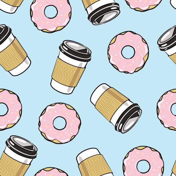 커피와 도넛 원활한 벡터 패턴 - donut stock illustrations