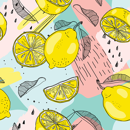 Lemon seamless pattern. Hand sketched fruits illustration. Vector design.