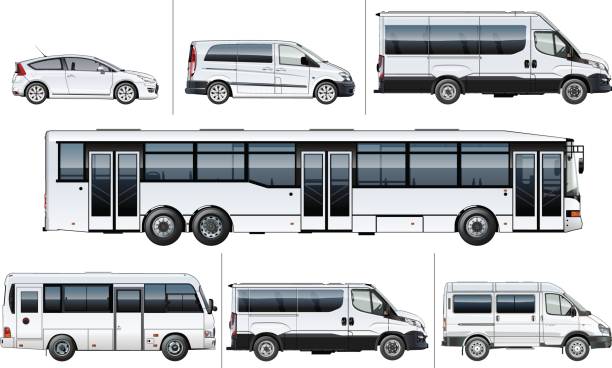 Vector realistic city transport mock-up Vector realistic city transport mock-up for brand identity, isolated on white. Side views. EPS-10 separated by groups and layers with transparency effects for one-click repaint and easy edit. van vehicle stock illustrations