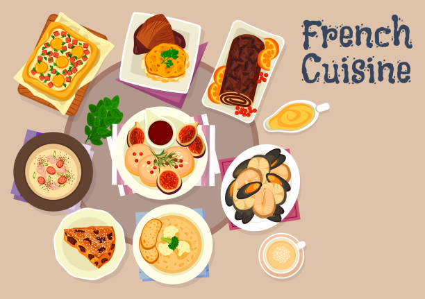French cuisine festive dinner dishes icon design French cuisine festive dinner dishes icon of potato cheese casserole, foie gras with figs, seafood soup, vegetable pie with eggs, chicken cream soup with bacon, chocolate cake roll, prune cake french food stock illustrations