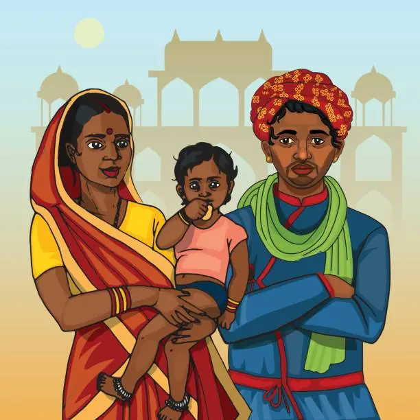 Vector illustration of Indian family. Mother, father and baby