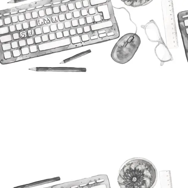Vector illustration of Seamless background pattern of objects painted watercolor office equipment, tools, worktable on a theme September 1, study, knowledge, on a white background top view in black and white