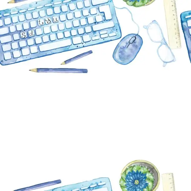 Vector illustration of Seamless background pattern of objects painted watercolor office equipment, tools, desktop on a theme September 1, study, knowledge, on a white background top view