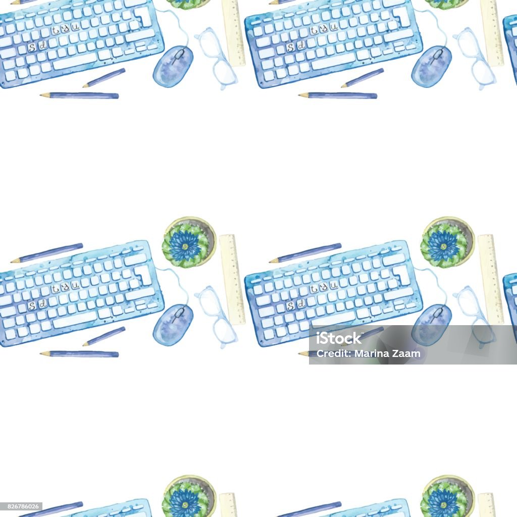 Work Objects Background Seamless Background Pattern Of Objects Painted Watercolor Office ...