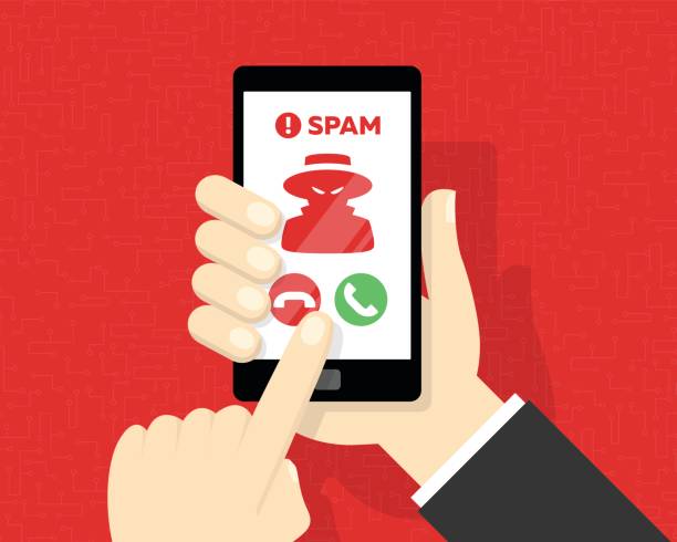 Receiving Spam Call on Smartphone Hands holding a Smartphone while receiving a suspected spam call. spam stock illustrations