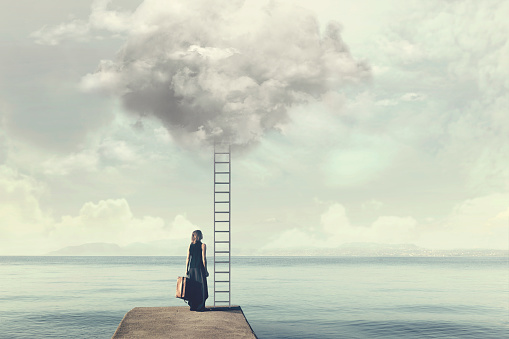 Indecisive woman does not know if climb up a ladder from the sky to a disenchanted destination