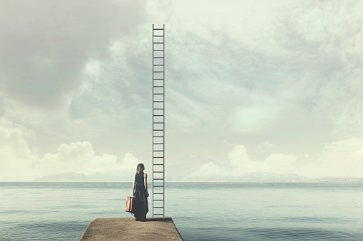 Indecisive woman does not know if climb up a ladder from the sky to a disenchanted destination