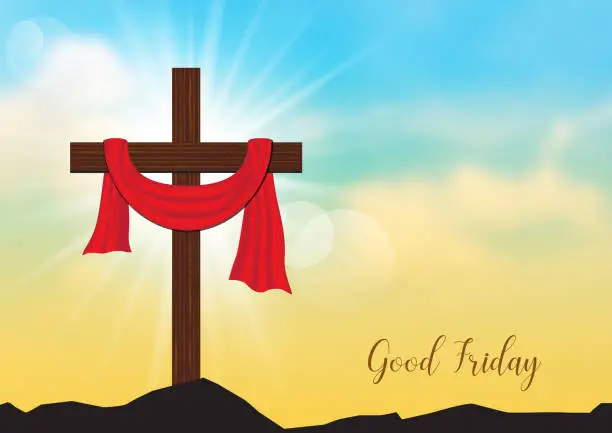 Vector illustration of Good Friday. Background with wooden cross and sun rays