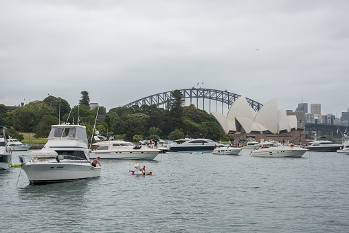 Sydney,NSW,Australia-November 19,2016: Group of yachts and boats in farm cove with Sydney Harbour View during The Plot 2016 music festival in Sydney, Australia.