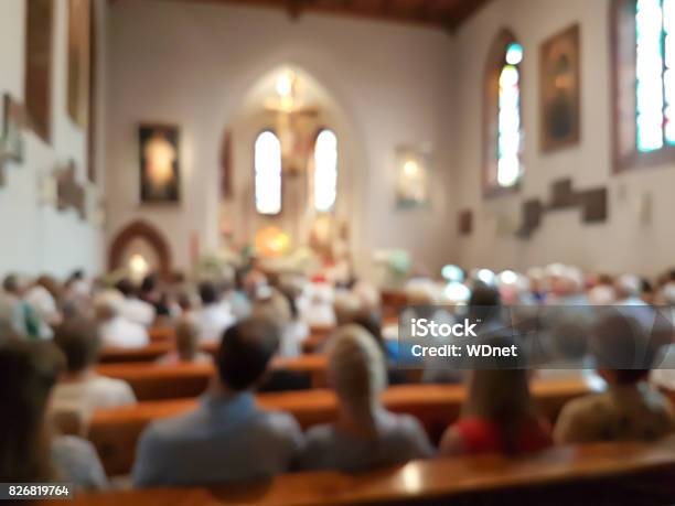 Blurred Interior Of The Church Stock Photo - Download Image Now - Church, Religious Mass, Catholicism