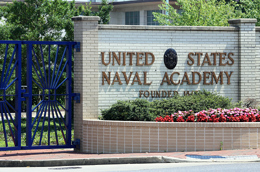 Annapolis, MD, USA - July 19, 2017: An entrance to the United States Naval Academy. The United States Naval Academy is a four-year coeducational federal service academy in Annapolis, Maryland.